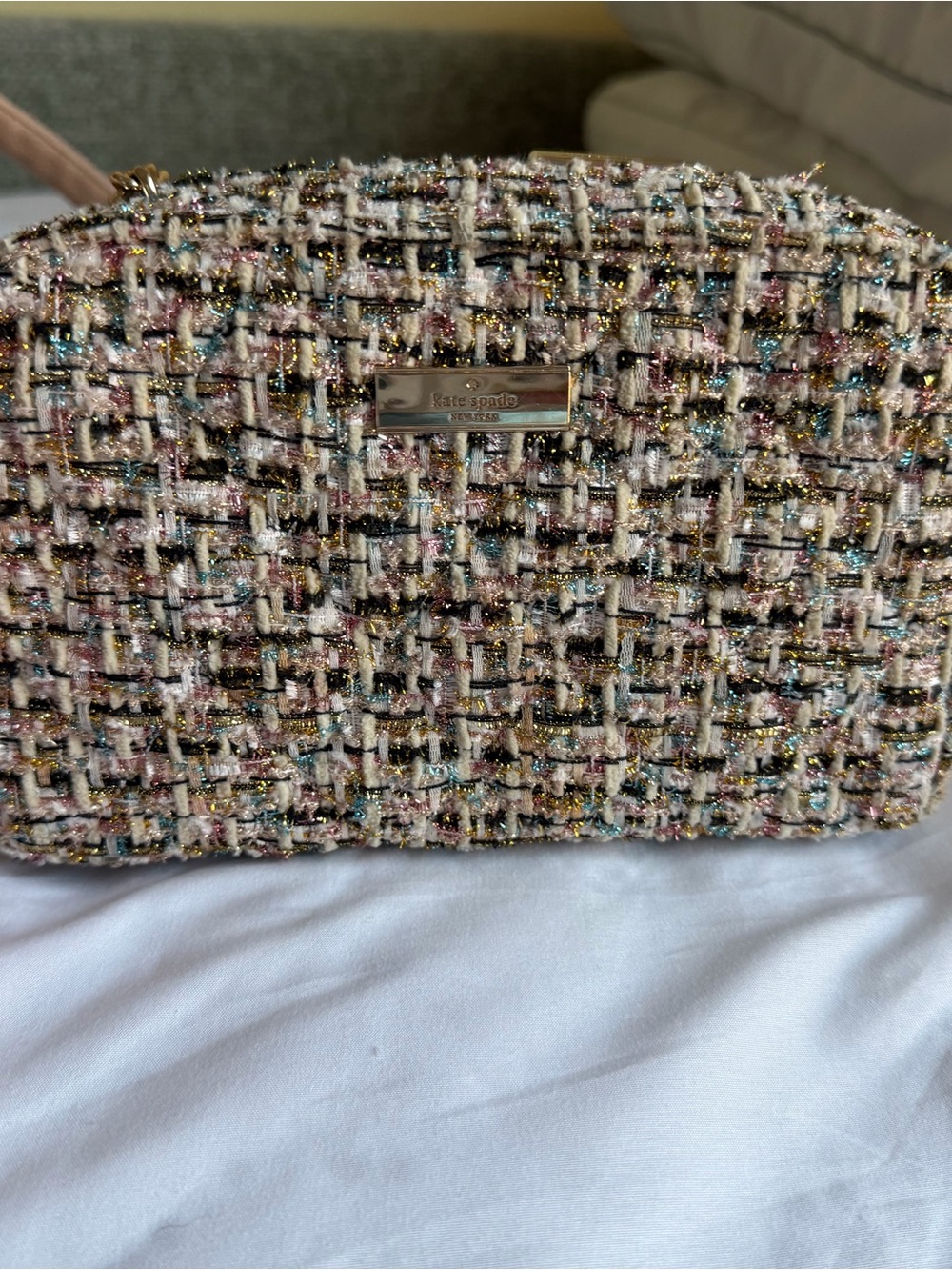 kate spade tweed cosmetic pouch in cream with metallic accents